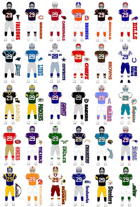 Nfl Concept Uniforms, Flag Football Uniform Design, Football Uniforms Design, Character Rotation, Nfl Football Logos, Sports Den, Nba Uniforms, Nfl Team Colors, Nfl Uniforms