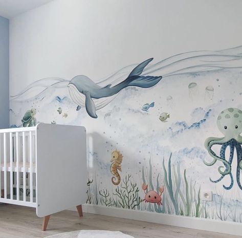 Baby Room Mural Ideas, Mermaid Nursery Theme, Baby Nursery Murals, Ocean Baby Rooms, Sea Nursery Theme, Ocean Themed Nursery, Sea Nursery, Ocean Room, Baby Room Neutral