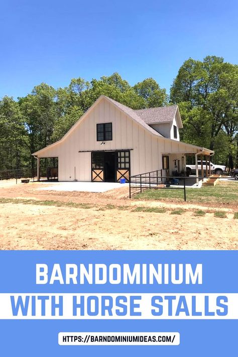 This barnodminium includes a 40'x60' barndo with four horse stalls, a wash room, and a small shop, measuring about 12'x20'. The first floor has a mudroom Horse Barn Designs Layout, Horse Stall Floor, Horse Habitat, Barndominium Home, Small Horse Barn, Barn House Kits, Horse Barn Designs, Small Barndominium, Horse Barn Plans