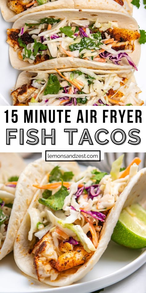 Air Fryer Fish Tacos, Air Fries, Fish Tilapia, Lime Slaw, Cilantro Lime Slaw, Taco Dinner, Air Fryer Fish, Air Fryer Oven Recipes, Air Fryer Dinner