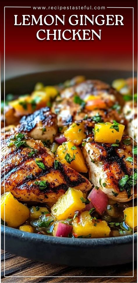 This Lemon Ginger Chicken with Pineapple Mango Salsa dish is bursting with fresh, zesty, and tropical flavors! Juicy chicken bites coated in a lemon-ginger glaze, served over creamy coconut rice, topped with a vibrant pineapple mango salsa, and finished with a drizzle of spicy mayo. It’s the perfect blend of sweet, tangy, and spicy, creating a fresh and vibrant meal that's sure to satisfy. Lemon Ginger Chicken With Mango Pineapple Salsa, Lemon Ginger Chicken With Pineapple Salsa, Lemon Ginger Chicken With Pineapple Mango, Pineapple Mango Salsa Chicken, Lemon Ginger Chicken With Mango Salsa, Chicken Mango Salsa Recipes, Spicy Lemon Chicken, Lemon Ginger Chicken With Pineapple Mango Salsa, Coconut Aminos Chicken Marinade