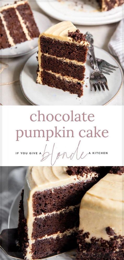 This Homemade Chocolate Pumpkin Cake requires no electric mixer! Mix the wet ingredients in one bowl and the dry ingredients in another, then simply combine the two. It's a delicious holiday dessert. Whether it’s Halloween, Thanksgiving or a fun fall weekend, it’s easy to find an excuse to bake this cake. Orange Cream Cheese Frosting, Pumpkin Cake Recipe, Chocolate Pumpkin Cake, Fall Cake Recipes, Delicious Holiday Desserts, Pumpkin Cream Cheese, Easy Chocolate Desserts, Pumpkin Cake Recipes, Chocolate Pumpkin