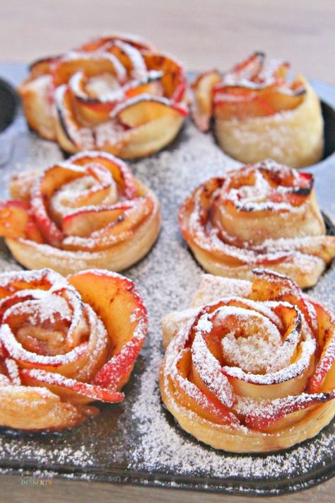 Apple Roses Recipe, Baked Apple Roses, Apple Rose Pastry, Rose Pastry, Apple Rose Tart, Apple Pastry, Romantic Desserts, Apple Puff Pastry, Apple Rose