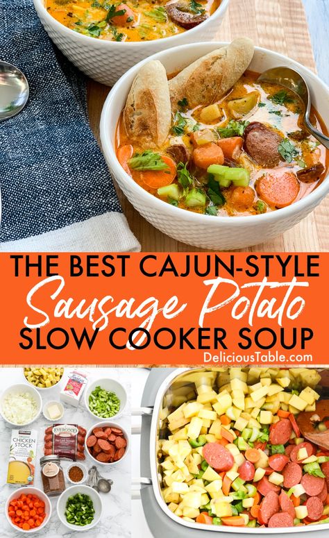 Cajun-style sausage potato soup is a spicy, easy soup filled with vegetables and andouille sausage. Make in a slow cooker or a pot on the stove!  Every spoonful is comforting and zesty. Loaded with hearty vegetables and slices of and slices of andouille sausage. Easy Dinner Soup, Cajun Potato Soup, Recipes With Basil, Potato Soup Slow Cooker, Soup Recipes Tomato, Soup In A Crock Pot, Chicken Soup With Dumplings, Make Ahead Dishes, Chicken Noodle Soup Recipes