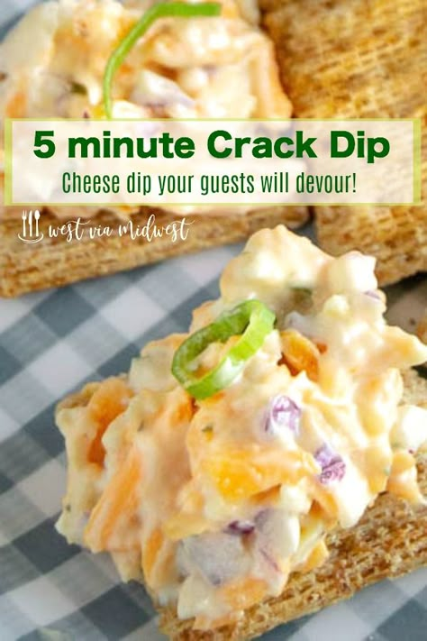 This 5 minute crack dip comes together in 5 minutes and is perfect for serving with crackers.  Ideal for pool side snacking, game day snacking or just to serve with cocktails! #dip #cheesespread #cheesedip #crackdip via @westviamidwest Cold Appetizers For A Crowd, Cold Dip Recipes, Dip Easy, Appetizers For A Crowd, Dips And Appetizers, Lake Food Ideas Summer, Lake Food Ideas, Food Ideas Summer, Finger Foods Easy