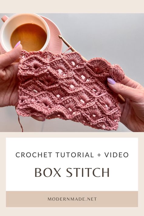 The Crochet Box Stitch is a beautiful, intricate, and detailed pattern that creates a series of interlocking squares or boxes.  We will be using single crochets, double crochets, front post single crochets, and chain spaces. Where you are placing your stitches can be a bit tricky. For example, sometimes we will be working our stitches 4 rows below. The Crochet Box Stitch Video Tutorial below should be helpful for that! Keep scrolling for the written Crochet Box Stitch Step by Step Pattern. Box Stitch Crochet, Crochet Box Stitch, Stitch Step By Step, Stitch Crochet Pattern, Box Stitch, Crochet Box, Step By Step Crochet, Stitch Tutorial, Crochet Videos Tutorials