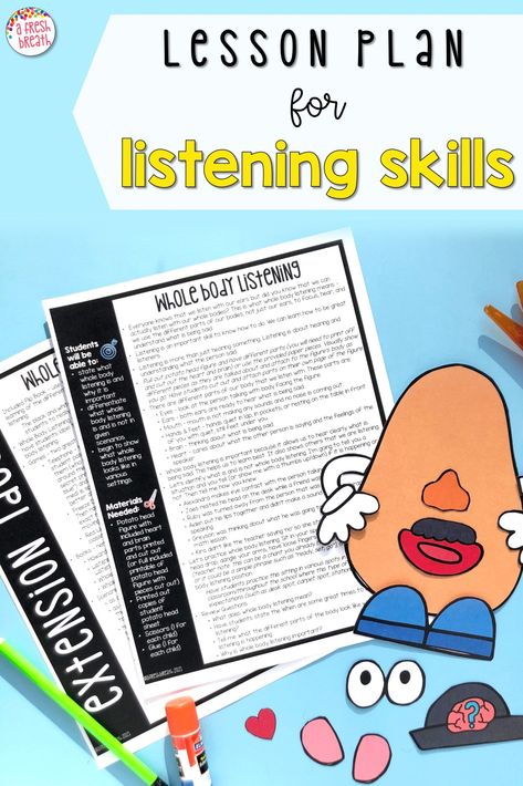 Grab this lesson plan on listening skills for a done for you direct teaching resource with lesson plan and listening activities. And if you aren’t sure if listening skills for kids is important or are looking for some examples, click now. Plus, there are listening activities for kids that will help you teach and improve this social skill. Ideal for kindergarten, first grade, or second grade or small group in special education or school guidance working on social skills. Listening Lesson Plans, Listening Games For Preschoolers, Listening Games For Kids, Active Listening Activities, Listening Activities For Kids, Listening And Following Directions, Social Skills Games, Good Listening Skills, Emotional Activities