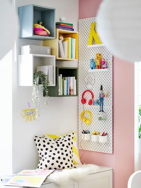 A colorful home arranged for hybrid work - IKEA Eket Ideas, Eket Ikea, Studio Makeover, Ikea Eket, Kallax Shelving Unit, Ikea Kids Room, Home Office Inspo, Ikea Kids, Smart Organization