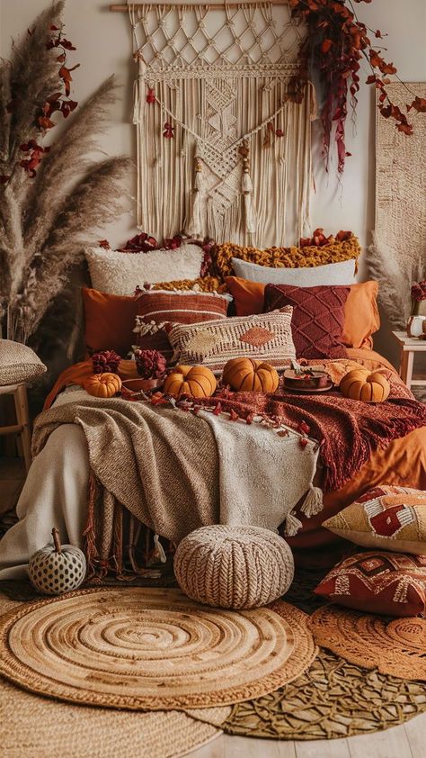 Explore affordable fall bedroom decor ideas that bring seasonal warmth to your space without breaking the bank. Rustic Fall Bedroom, Autumn Bedroom Decor Cozy, Boho Autumn Decor, Autumn Bedroom Aesthetic, Cozy Autumn Bedroom, Cozy Romantic Bedroom, Halloween Themed Bedroom, Bedroom Autumn, Autumn Bedroom Decor