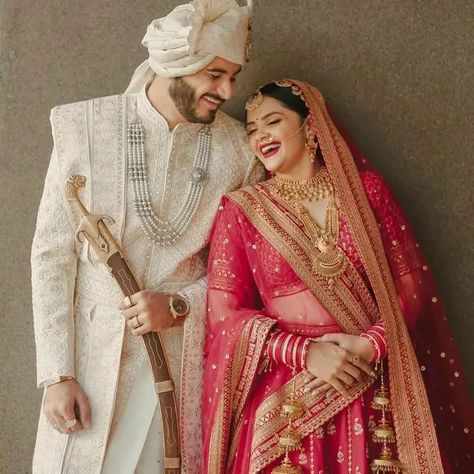 Bride And Groom Indian Wedding Outfit, Groom Indian Wedding Outfits, Indian Wedding Pictures, Bride Reception Dresses, Latest Bridal Lehenga Designs, Bride Groom Poses, Groom Pose, Groom Dress Men, Wedding Outfits For Groom