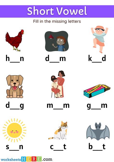 Finding Short Vowel Activity For Kids, Write The Missing Vowel Worksheets - WorksheetsHere.com Find The Vowels Worksheets, Vowel Activity, Short Vowel Activities, Short Vowel Worksheets, Vowel Activities, Vowel Worksheets, Short Vowel Sounds, Improve Your Vocabulary, Vowel Sound