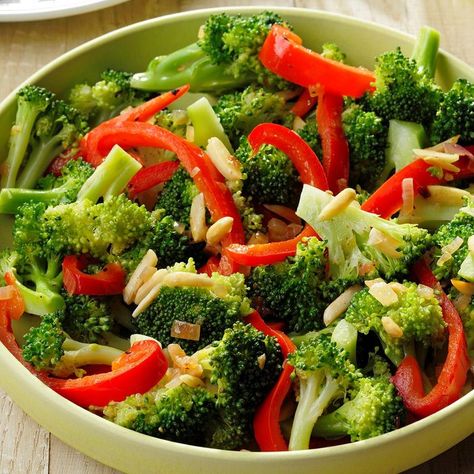 Broccoli with Sauteed Red Pepper Broccoli And Red Pepper Recipes, Red Pepper Recipes, Cafe Display, Fresh Salad Recipes, Fresh Salad, Broccoli Rice, Fresh Broccoli, Tasty Vegetarian Recipes, Healthy Veggies