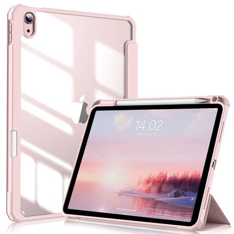 ZOYU Case for iPad Air 5th Generation (2022) / iPad Air 4th Gen (2020) 10.9 inch with Pencil Holder, Trifold Stand Smart Shockproof Clear Transparent Back Shell Cover, Auto Sleep/Wake, Pink Ipad Air Pink, Ipad Air 5 Case, Ipad Air 5th Generation, Rose Gold Ipad, Starbucks Merchandise, Rose Gold Aesthetic, Cute Ipad Cases, Ipad Air 5, Apple Pen