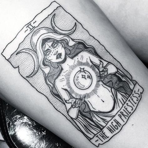 The High Priestess tarot card tattoo done by @lorencrawley | www.otzi.app Lotusblume Tattoo, Indie Dark, Black Demon, Tarot Tattoo, Tarot Card Tattoo, Aesthetic Emo, Witch Tattoo, Demon Eyes, Halloween Tattoo