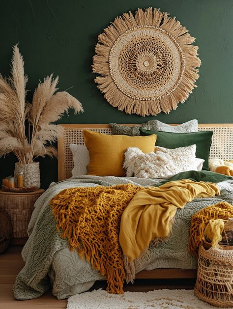 Transform your space with this cozy and stylish home bedroom refresh! Featuring vibrant mustard and green tones, woven wall decor, and lush textiles, this boho-inspired look adds warmth and character. Elevate your bedroom vibes with earthy accents. #HomeDecor #BohoStyle #BedroomRefresh Mustard Color Room Bedrooms, Bedroom Decor Mustard, Ochre Bedroom Ideas, Mustard Color Palette Bedrooms, Green Gold Tan Bedroom, Forest Green And Mustard Yellow Decor, Mustard Yellow Green Color Palette, Boho Mustard Bedroom, Bedroom With Mustard Accents