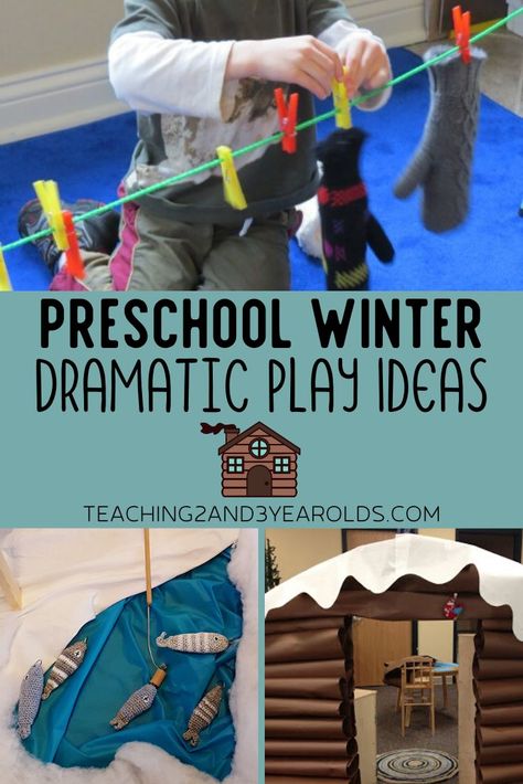 Add some snowy winter fun to your dramatic play area, from ice skating to a snowy winter cabin. #winter #dramaticplay #preschool #toddler #pretend #printable #2yearolds #3yearolds #teaching2and3yearolds Toddler January Themes, Hibernation Dramatic Play Preschool, Preschool Winter Wonderland, Artic Dramatic Play, Winter Role Play Eyfs, Winter Topics For Preschool, Winter Classroom Decorations Preschool, Winter Science Center Preschool, Ice Skating Dramatic Play