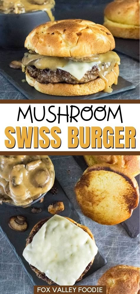 Mushroom Sauce For Burgers, Swiss Burger, Mushroom Burger Recipe, Mushroom Swiss Burger, Gourmet Burger, Onion Burger, Mushroom Burger, Bacon Stuffed Mushrooms, Burger Sauce