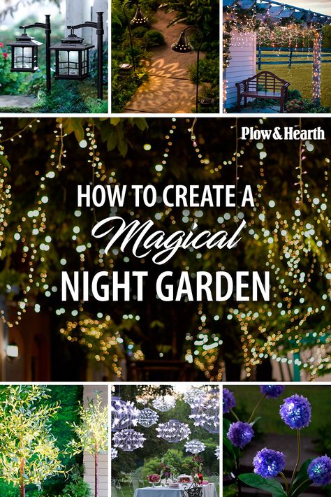 From simple string lights to solar solutions and special plants that look great in low light, you’ll soon have an enchanting, illuminated nighttime landscape you’ll love! Glow Garden Ideas, Enchanting Backyard Ideas, Night Garden Lights, Night Garden Ideas, Mystical Yard Ideas, Fairy Garden At Night, Easy Full Sun Landscape Ideas, Wiccan Garden Ideas, Small Secret Garden Ideas Diy Projects