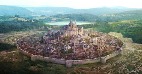 Walled city and castle Anime Original City Castle Wallpaper Fantasy Kingdom Cities, بيوت ملكية, Fantasy Town, Fantasy World Map, Fantasy Background, Location Inspiration, Walled City, Fantasy City, Fantasy Castle