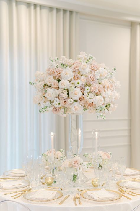 Blush And White Tall Centerpiece Wedding, Elegant Wedding Set Up, Elegant Modern Chic Light Pink And White Wedding Ideas, Tall Pink Flower Centerpieces, Wedding Decoration Table Centerpieces, Pink And White Tall Wedding Centerpieces, Wedding High Centerpieces, Wedding Table Decorations Tall Vases, Elegant Wedding Centerpiece Ideas Receptions