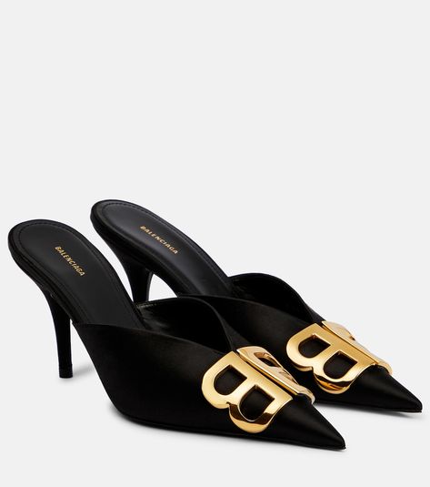 BB satin mules in black - Balenciaga | Mytheresa Balenciaga Heels, Crazy Heels, Black Balenciaga, Shoes Heels Classy, Mid Heels Pumps, Denim Tote Bags, Heels Classy, Chic Leather, Total Black