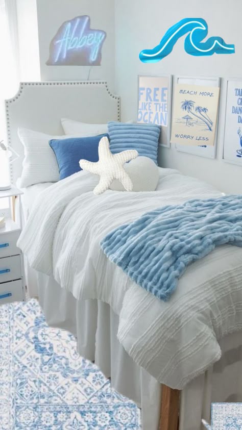 Cute Beachy Dorm Room, White Dorms With Pops Of Color, White Bedding With Blue Pillows, Dorm Decor Blue, Beach Theme Dorm Room Ideas, Light Blue And White Dorm Room, Mamma Mia Dorm Room, Blue White And Gold Dorm Room, Blue And White Bedding Ideas