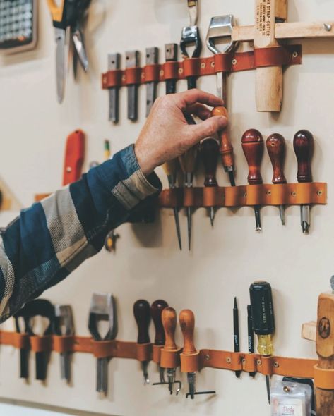 Leather Workshop Organization, Wood And Leather Projects, Leather Products Ideas, Cozy Workshop, Jewelry Studio Space, Diy Leather Tools, Livingston Montana, Leather Artist, Leatherworking Tools