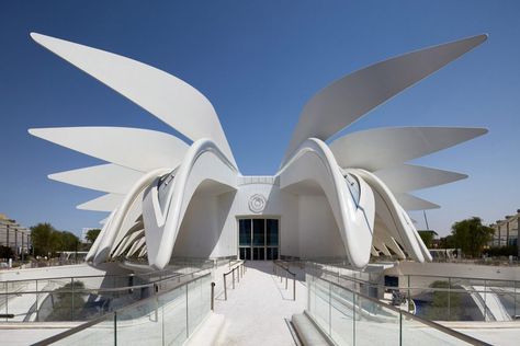 Spanish architect Santiago Calatrava has created a pavilion informed by the shape of a falcon's wing for the UAE at the Dubai Expo 2020, which opens today. World Expo 2020, Calatrava Architecture, Expo 2020 Dubai, Santiago Calatrava Architecture, Organic Structure, Pavilion Design, Santiago Calatrava, Expo 2020, Photovoltaic Panels