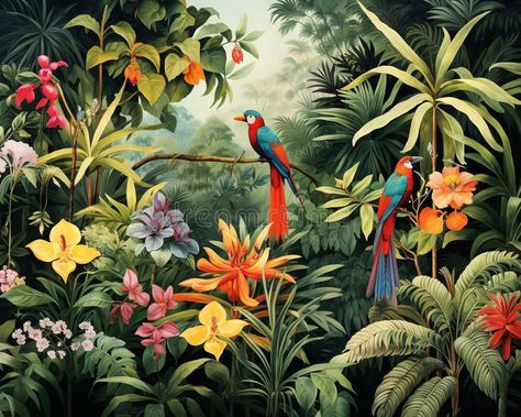 Mural of a jungle and leaves tropical forest.. Illustration about butterflies, generative, drawing, mural, vintage, tropical, leaves, background, birds, concept, jungle - 293034179 Tropical Forest Painting, Rainforest Mural, Tropical Leaves Background, Background Birds, Mural Cafe, About Butterflies, Jungle Painting, Jungle Mural, Forest Mural