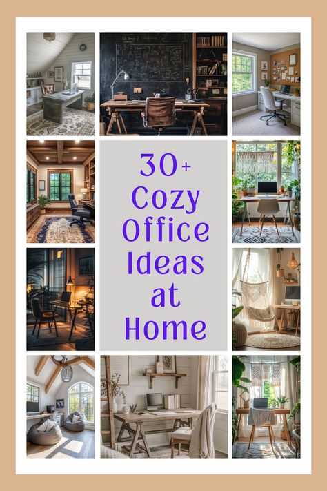 A collage of cozy home office setups showcasing warm office room decor, cozy room decor accents, and various cozy office space ideas to inspire an inviting home office setup. Hobo Office Ideas, Small Room Home Office Ideas, Home Office Corner Ideas, Office Reading Room Ideas, Small Office Decorating Ideas, Cozy Office Ideas, Office In Home, Cozy Home Office Ideas, Cozy Office Space