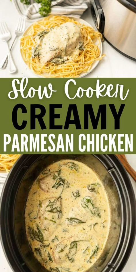 Crock Pot Creamy Parmesan Chicken Recipe - Easy Dinner Idea Heavy Cream Chicken Recipe, Crock Pot Keto, Garlic Chicken Crockpot, Garlic Chicken Slow Cooker, Cream Chicken Recipes, Creamy Garlic Chicken Recipes, Crockpot Chicken Parmesan, Creamy Crockpot Chicken, Creamy Parmesan Chicken