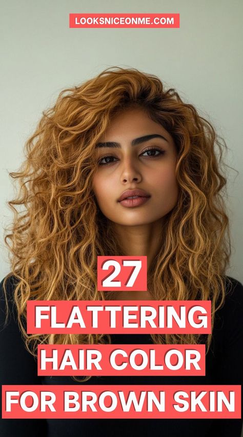 Brown Skin With Honey Blonde Hair, Blonde Highlights For Brown Skin, Brown Hair For Yellow Undertone Skin, Curly Hair Color Ideas For Mixed Women, Blonde Highlights On Indian Hair, Hair Colors For Golden Skin Tones, Curly Hair Coloring Ideas, Cooper Hair Black Women, Tanned Skin Hair Color Ideas