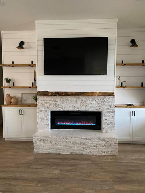 Fireplace With Tv Above Farmhouse, Recessed Electric Fireplace Ideas, Modern Fireplace Ideas Living Rooms, Tv Above Fireplace, Electric Fireplace Living Room, Farmhouse Fireplace Decor, Tv Fal, Recessed Electric Fireplace, Build A Fireplace