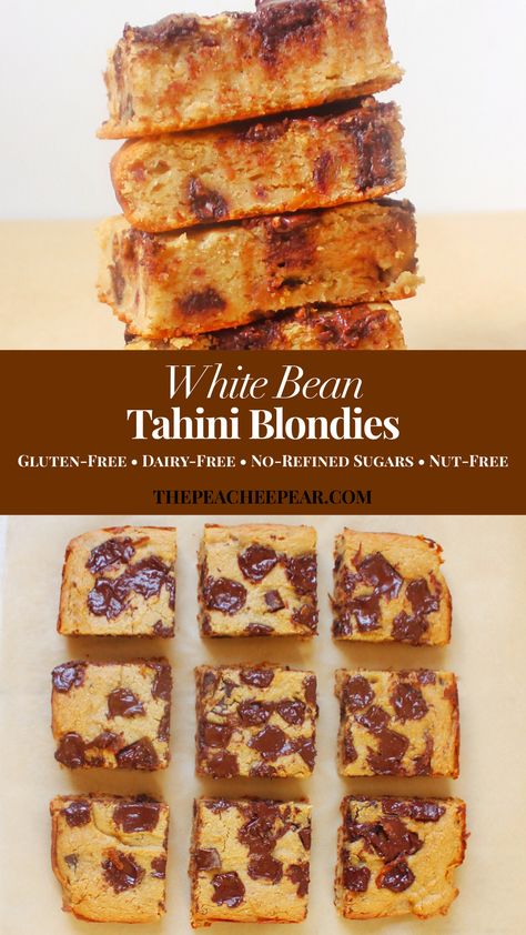 These fudgy, chewy and gooey White Bean Tahini Blondies are just amazing! They make for the perfect healthy and clean treat. All while loaded with protein and fiber. They have no added sugar with the exception of the chocolate chunks. Hard to have just one! via @ThePeacheePear Blondies Healthy, Beans Dessert, Tahini Blondies, Blondies Recipe, Substitute For Egg, Salted Chocolate, White Bean, Creamy Peanut Butter, Dark Chocolate Chips