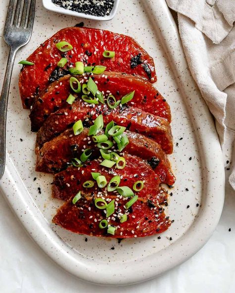 Watermelon Tuna [sashimi + steaks] - Plant-Based on a Budget Watermelon Steak Recipe, Month Planning, Sashimi Recipe, Balance Eating, Cooking For Friends, Japanese Vegan, Hibachi Recipes, Vegan Tuna, Tuna Steak Recipes