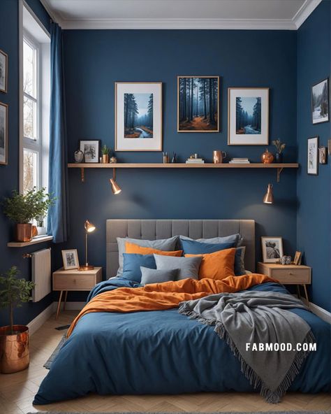 Blue Grey Orange Bedroom, Bedroom Ideas Blue And Orange, How To Decorate A Blue Bedroom, Blue Orange Bedroom Decor, Dark Blue And Orange Bedroom, Blue Bed Bedroom Ideas, Blue And Orange Boys Room, Blue And Wood Bedroom, Guest Bedroom Ideas Dark