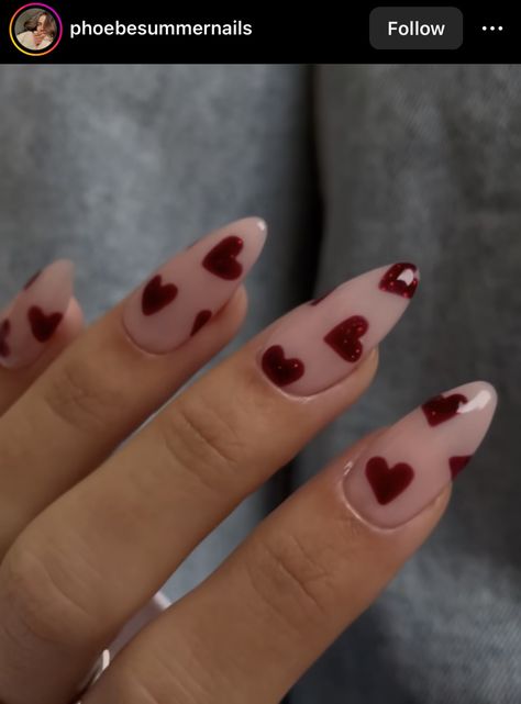 Valentines Almond Nails Designs, Nails Hearts Design, Nails With Hearts Design, Heartbreak Nails, Heart Charm Nails, Heart Pattern Nails, Black Valentines Nails, Black Heart Nails, Love Heart Nails