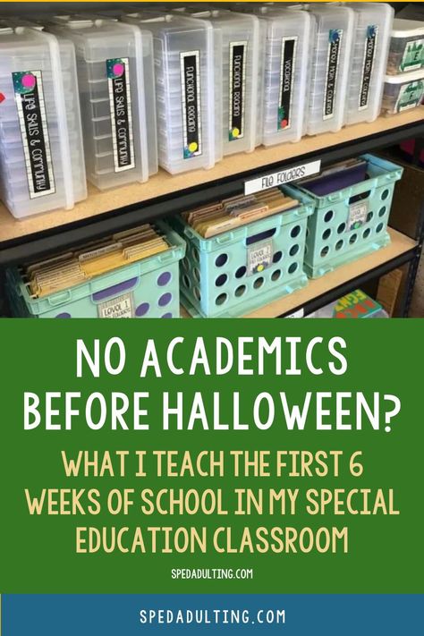 No academics before Halloween? Yes, you read that correctly. As a functional life skills teacher, I don’t focus on academics the first 6-8 weeks of school. Instead, I focus on routines and expectations, independent work tasks, independent skills, and collecting baseline data in the first 6 weeks of school. This allows my special education students to get into a routine, and know what to expect as we start the school year. Learn how I structure my day during the first weeks of school here. First Day Of School Activities Sped, First Week Of School Activities Sped, Back To School Special Education Ideas, Vocational Tasks Special Education Life Skills Classroom, Functional Life Skills Special Education, High School Transition Special Education, Independent Work Tasks Special Education, Transition Special Education Life Skills, Special Education Science