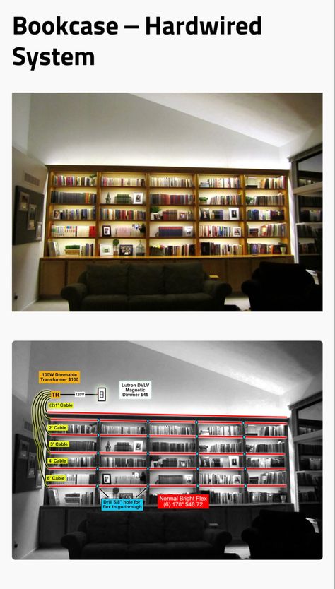 Bookcase lit with LED strip lights #wiring #ledlighting Led Lights Bookcase, Led Strip Shelves, Built In Bookshelves Lighting, Led Lights Office Ideas, Bookshelf Led Lighting, Led Bookshelf Lighting, Book Shelf Lighting, Bookshelves Lighting, Lighted Shelving