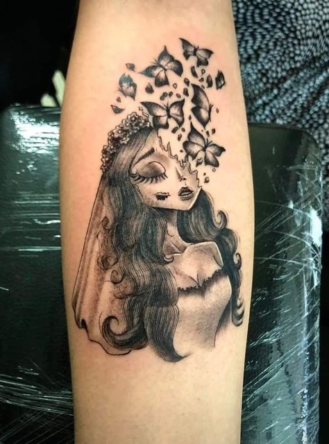 Corspride Bride Tattoo, Cute Spooky Tattoo Ideas, Emily Tattoo Corpse Bride, Emily Corpse Bride Tattoo, Name Cover Up Tattoos For Women, Corpse Bride Tattoo Ideas, Dark Whimsical Aesthetic, Dark Disney Tattoo, Corpse Bride Tattoo