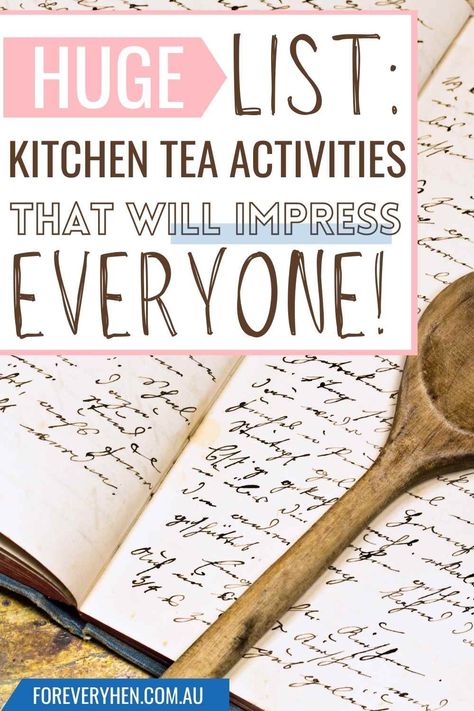 Image of a recipe and a wooden spoon. Text overlay: Huge list of kitchen tea activities that will impress everyone! Kitchen Tea Games Activities, Kitchen Tea Activities, Kitchen Tea Game Ideas, Bridal Kitchen Tea, Kitchen Tea Ideas Bridal, Kitchen Tea Ideas, Tea Activities, Kitchen Tea Games, Tea Games