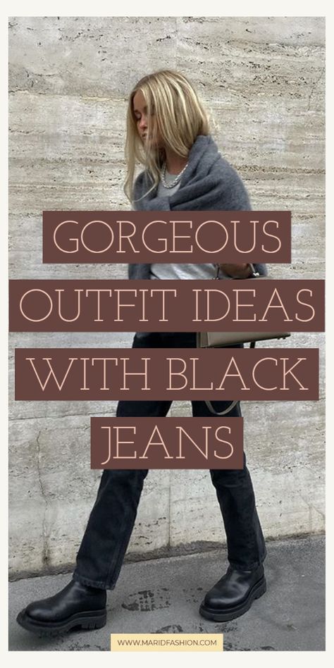 French Black Jeans Outfit, Modern Jeans Outfit, Winter Black Trousers Outfit, Casual Chic Black Outfit, Party Jeans Outfit Night, Black Jeans And Black Boots Outfit, Outfits With Black Corduroy Pants, Styling High Waisted Jeans, Outfits With Black Dress Pants