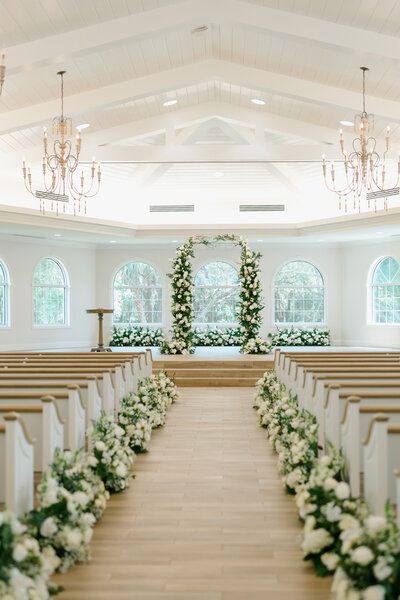 Wedding Ceremony Albums | Harborside Chapel Romantic Wedding Ceremony Decor, Harborside Chapel, Timeless Wedding Ceremony, Wedding Chapel Decorations, Ivory And Blush Wedding, Arch With Greenery, Ceremony Decorations Church, Wedding Church Aisle, Classic And Timeless Wedding