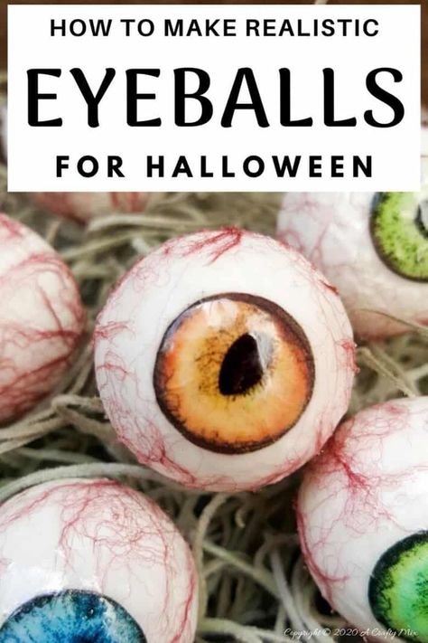 Up the creepy stakes this Halloween and make these realistic eyeballs. Quick and budget-friendly they'll add just the right spooky factor to your decor. The tutorial includes free "iris" printables to use #HalloweenDecor #CreepyEyeballs #ACraftyMix #FreePrintables Diy Halloween Eyeballs, Halloween Decorations Diy, Halloween Props Diy, Halloween Decor Diy, Homemade Halloween Decorations, Halloween Fest, Creepy Halloween Decorations, Halloween Eyeballs, Halloween Eyes