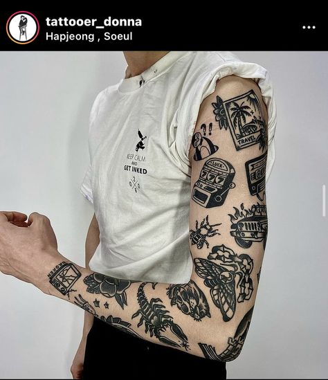 Edgy Men Tattoo, Patch Work Tattoo Men, Flash Tattoo Men, Mens Patchwork Tattoo Sleeve, Old School Tattoo Sleeve, Edgy Tattoo, Tato Flash, Tato Henna, Tattoos Mandala