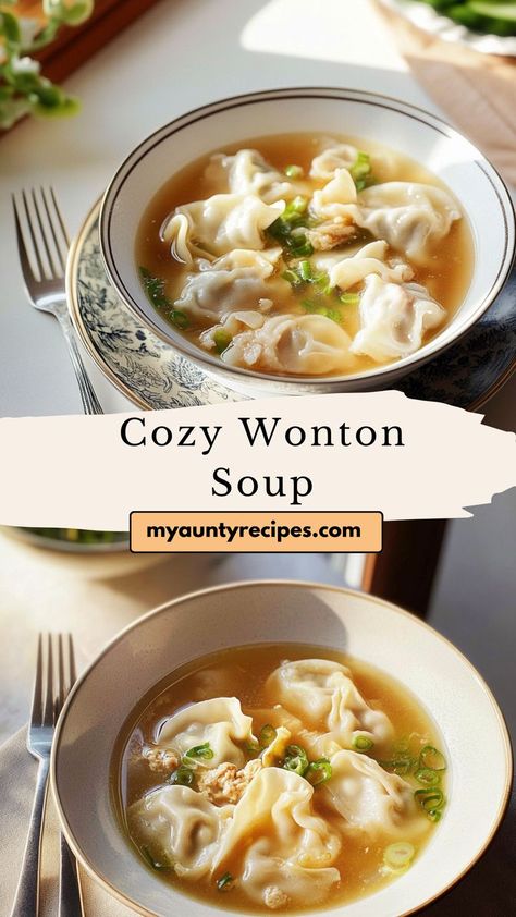 Warm up with this Homemade Wonton Soup, a cozy recipe perfect for winter meals dinners or Friendsgiving gatherings. Handcrafted wontons float in a savory broth, complemented by fresh greens and aromatic seasonings. This soup is a healthy winter treat that brings comfort and delight to any festive table or family meal. Stews For Cold Weather, Fresh Winter Recipes, Healthy Clear Soup, Costco Wonton Recipes, Frozen Pot Sticker Soup, Savory Egg Roll Soup Delight, Crab Rangoon Soup, Thai Wonton Soup Recipe, Fall And Winter Soups And Stews