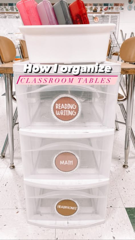 Chrck out how I organize tables in my classroom Desk Groups Classroom, Class Table Organization, Classroom Workbook Organization, Kindergarten Classroom Tables, Table Caddies Classroom, Student Storage For Tables, Simple Classroom Organization, Class Supplies Organization, Classroom Table Organization Storage