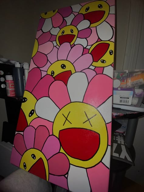 Painting Kaws, Kaws Painting Ideas, Kaws Painting, Murakami Flower, Pink Canvas Art, White Paintings, Trippy Painting, Hippie Painting, Flower Painting Canvas