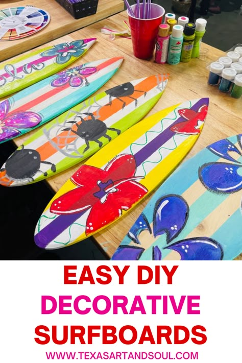 I'm Heidi Easley and I teach women how to make money teaching paint parties. These mini decorative surfboards are a hit for summer! Kids love these because they can personalize them and hang them in their room. Learn how to paint these and where you can purchase them! Luau Crafts For Kids Activities, Beach Week Crafts, Kids Summer Arts And Crafts, Hawaiian Luau Crafts For Kids, How To Make A Surfboard Decoration, Hawaiian Week Summer Camp, Surfboard Craft Preschool, Luau Crafts For Adults, Hawaiian Themed Activities For Kids