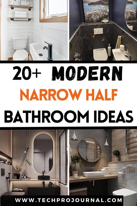 If you've been searching for modern narrow half bathroom ideas, I've got some inspiration for you. These modern narrow half bathroom ideas will give you practical and stylish solutions that you and your guests will love! Half Bath Tall Ceiling, Half Bath To Full Bath Remodel Layout, Half Bath Without Window, Elevated Powder Room, Half Bath Decor Ideas Modern, Small Half Bathroom Layout, Long Half Bathroom Ideas, Modern Small Half Bathroom Ideas, 4x4 Half Bathroom Layout